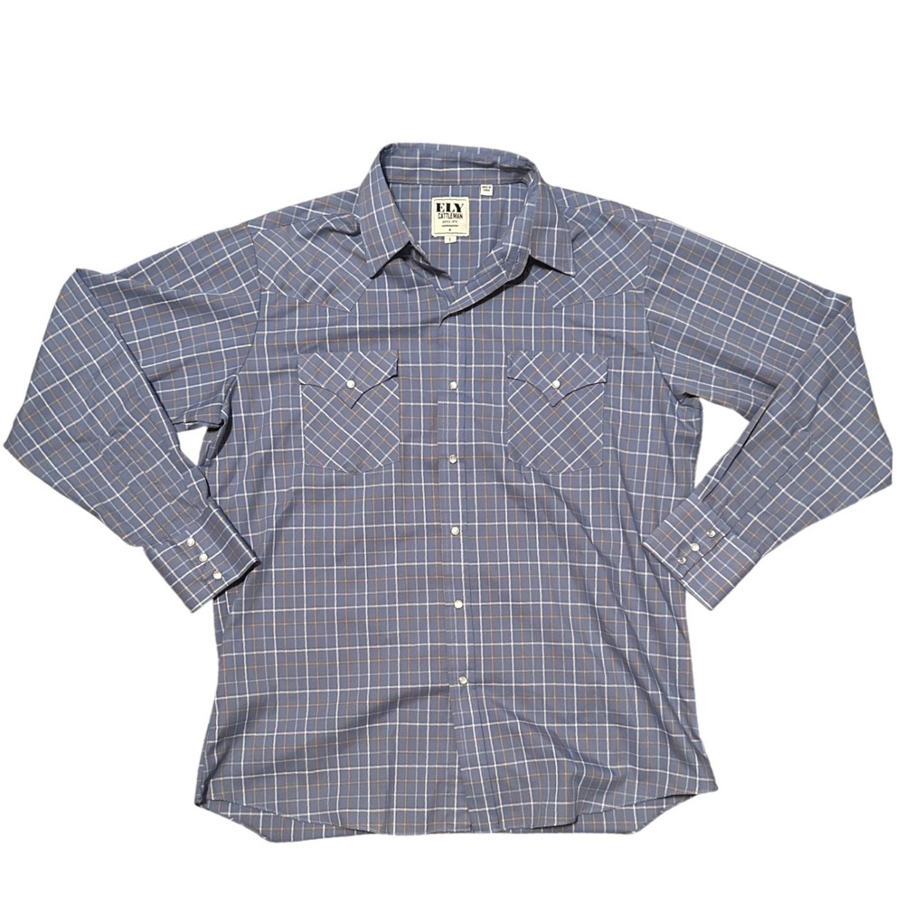 ELY CATTLEMAN Western Plaid Snap Button Long Sleeve Shirt Men's Size L Blue Tan‎